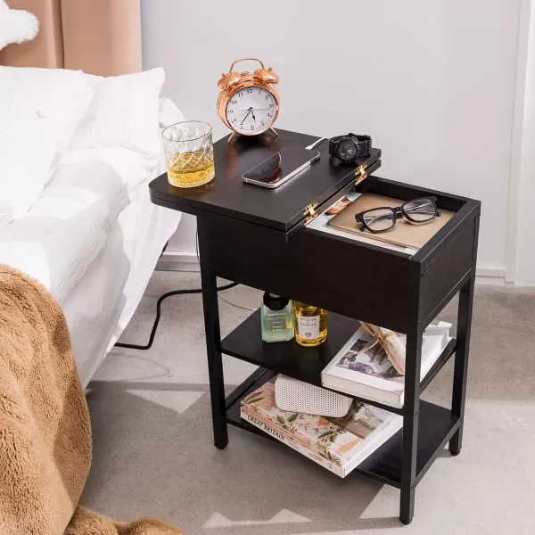 Yoobure End Table with Charging Station Flip Top Side Table with USB Ports and Outlets Sofa Couch Table Bedside Table for Living Room Bedroom Narrow Nightstand with Storage Shelves for Small SpaceBlack