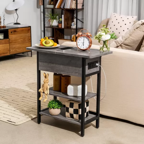 Yoobure End Table with Charging Station Flip Top Side Table with USB Ports and Outlets Sofa Couch Table Bedside Table for Living Room Bedroom Narrow Nightstand with Storage Shelves for Small SpaceGrey