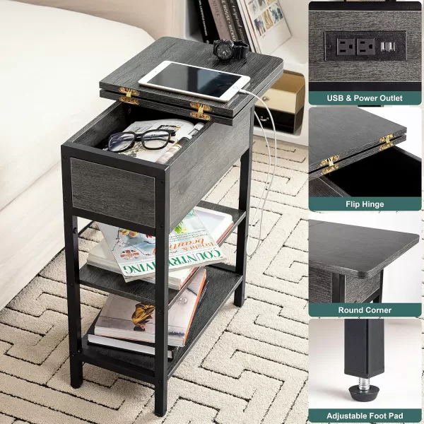 Yoobure End Table with Charging Station Flip Top Side Table with USB Ports and Outlets Sofa Couch Table Bedside Table for Living Room Bedroom Narrow Nightstand with Storage Shelves for Small SpaceCharcoal Gray