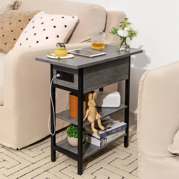 Yoobure End Table with Charging Station Flip Top Side Table with USB Ports and Outlets Sofa Couch Table Bedside Table for Living Room Bedroom Narrow Nightstand with Storage Shelves for Small SpaceGrey