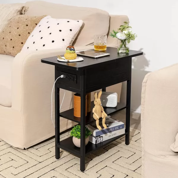 Yoobure End Table with Charging Station Flip Top Side Table with USB Ports and Outlets Sofa Couch Table Bedside Table for Living Room Bedroom Narrow Nightstand with Storage Shelves for Small SpaceBlack