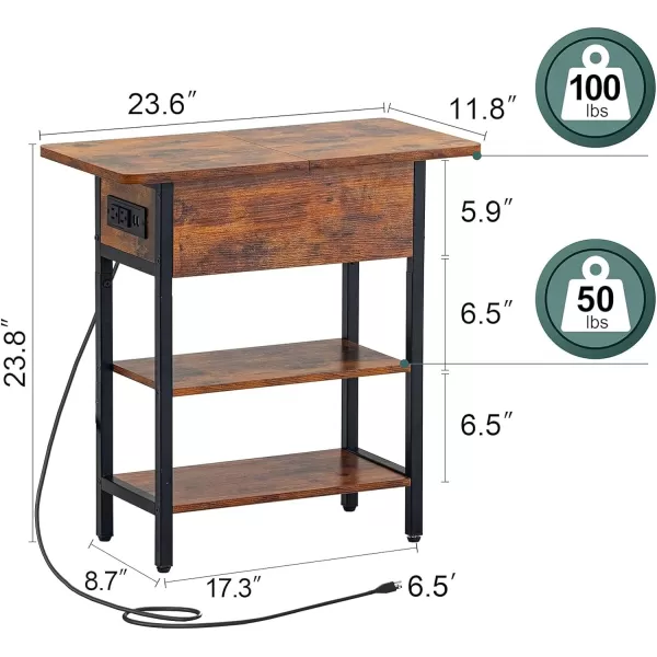 Yoobure End Table with Charging Station Flip Top Side Table with USB Ports and Outlets Sofa Couch Table Bedside Table for Living Room Bedroom Narrow Nightstand with Storage Shelves for Small SpaceBerry Brown