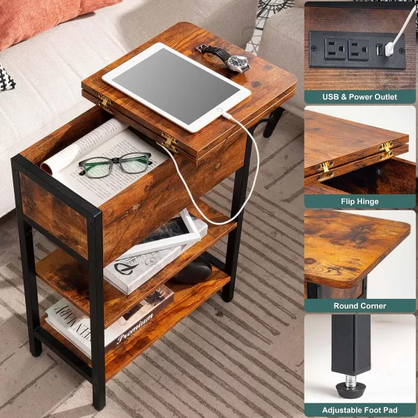 Yoobure End Table with Charging Station Flip Top Side Table with USB Ports and Outlets Sofa Couch Table Bedside Table for Living Room Bedroom Narrow Nightstand with Storage Shelves for Small SpaceBerry Brown