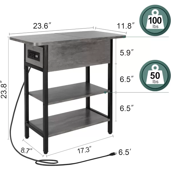 Yoobure End Table with Charging Station Flip Top Side Table with USB Ports and Outlets Sofa Couch Table Bedside Table for Living Room Bedroom Narrow Nightstand with Storage Shelves for Small SpaceGrey
