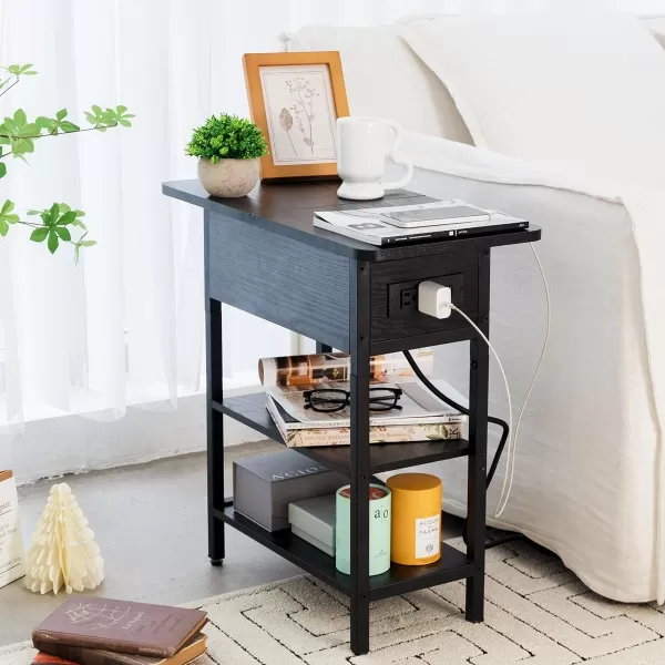 Yoobure End Table with Charging Station Flip Top Side Table with USB Ports and Outlets Sofa Couch Table Bedside Table for Living Room Bedroom Narrow Nightstand with Storage Shelves for Small SpaceBlack