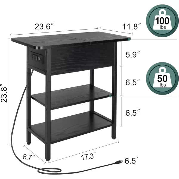 Yoobure End Table with Charging Station Flip Top Side Table with USB Ports and Outlets Sofa Couch Table Bedside Table for Living Room Bedroom Narrow Nightstand with Storage Shelves for Small SpaceBlack
