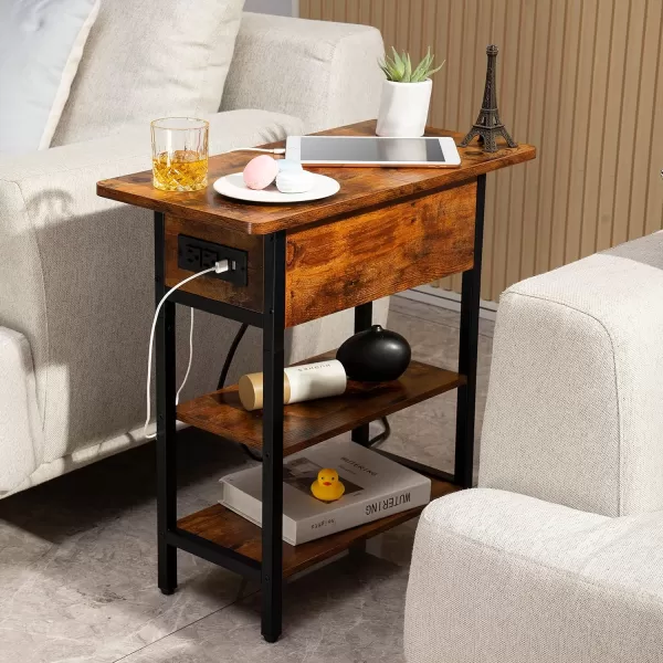 Yoobure End Table with Charging Station Flip Top Side Table with USB Ports and Outlets Sofa Couch Table Bedside Table for Living Room Bedroom Narrow Nightstand with Storage Shelves for Small SpaceBerry Brown