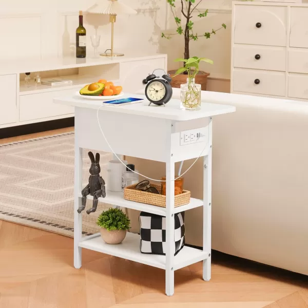 Yoobure End Table with Charging Station Flip Top Side Table with USB Ports and Outlets Sofa Couch Table Bedside Table for Living Room Bedroom Narrow Nightstand with Storage Shelves for Small SpaceWhite