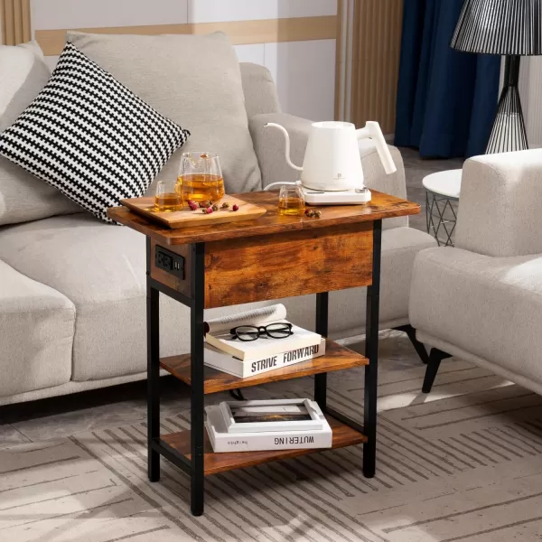 Yoobure End Table with Charging Station Flip Top Side Table with USB Ports and Outlets Sofa Couch Table Bedside Table for Living Room Bedroom Narrow Nightstand with Storage Shelves for Small SpaceBerry Brown