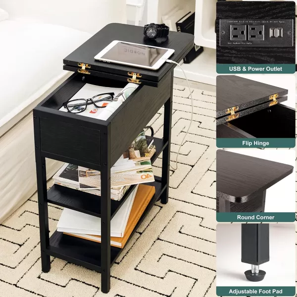Yoobure End Table with Charging Station Flip Top Side Table with USB Ports and Outlets Sofa Couch Table Bedside Table for Living Room Bedroom Narrow Nightstand with Storage Shelves for Small SpaceBlack