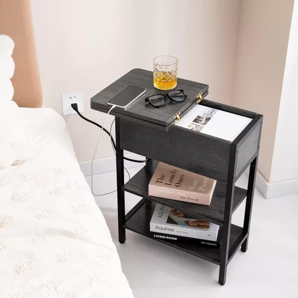 Yoobure End Table with Charging Station Flip Top Side Table with USB Ports and Outlets Sofa Couch Table Bedside Table for Living Room Bedroom Narrow Nightstand with Storage Shelves for Small SpaceCharcoal Gray