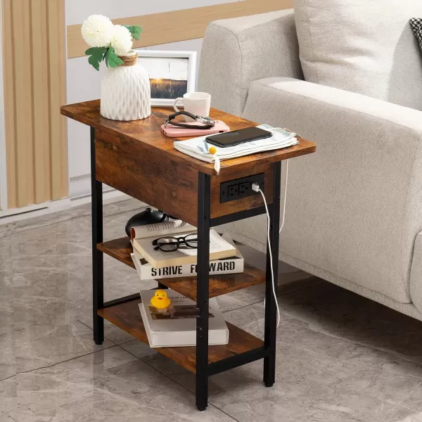 Yoobure End Table with Charging Station Flip Top Side Table with USB Ports and Outlets Sofa Couch Table Bedside Table for Living Room Bedroom Narrow Nightstand with Storage Shelves for Small SpaceBerry Brown