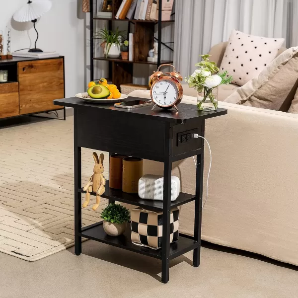 Yoobure End Table with Charging Station Flip Top Side Table with USB Ports and Outlets Sofa Couch Table Bedside Table for Living Room Bedroom Narrow Nightstand with Storage Shelves for Small SpaceBlack