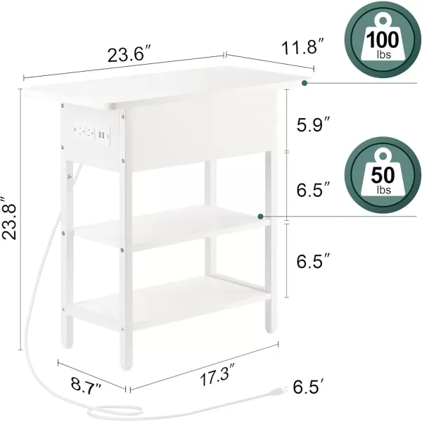 Yoobure End Table with Charging Station Flip Top Side Table with USB Ports and Outlets Sofa Couch Table Bedside Table for Living Room Bedroom Narrow Nightstand with Storage Shelves for Small SpaceWhite