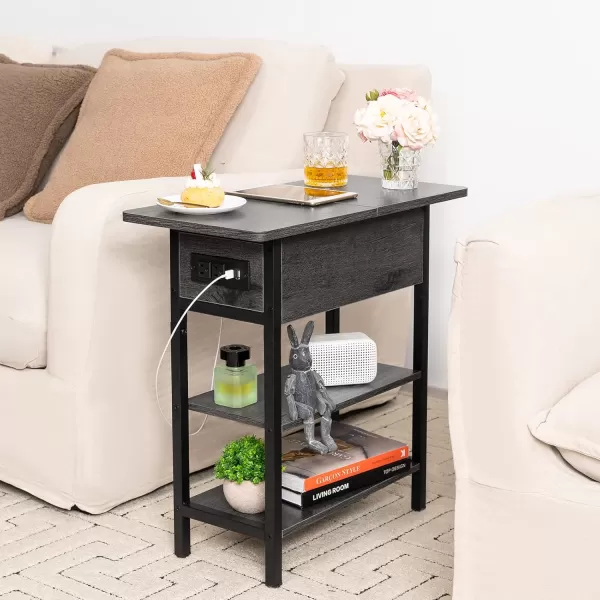 Yoobure End Table with Charging Station Flip Top Side Table with USB Ports and Outlets Sofa Couch Table Bedside Table for Living Room Bedroom Narrow Nightstand with Storage Shelves for Small SpaceCharcoal Gray