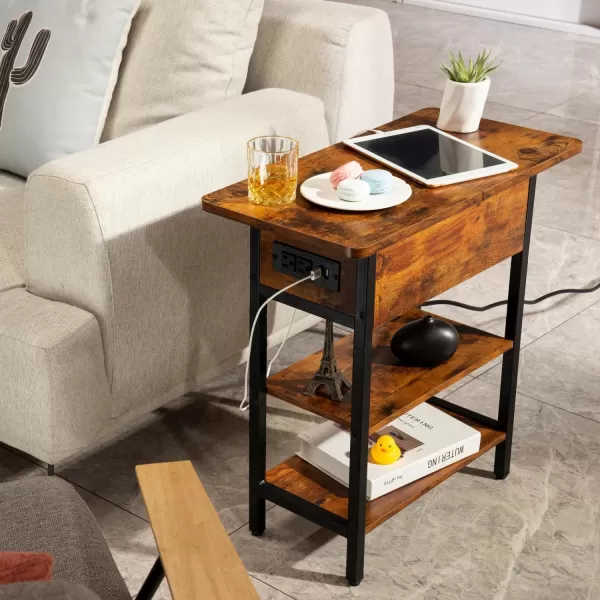 Yoobure End Table with Charging Station Flip Top Side Table with USB Ports and Outlets Sofa Couch Table Bedside Table for Living Room Bedroom Narrow Nightstand with Storage Shelves for Small SpaceBerry Brown