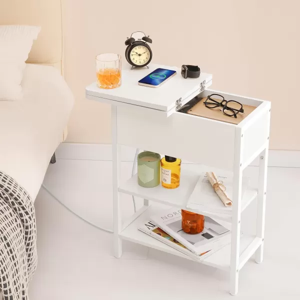 Yoobure End Table with Charging Station Flip Top Side Table with USB Ports and Outlets Sofa Couch Table Bedside Table for Living Room Bedroom Narrow Nightstand with Storage Shelves for Small SpaceWhite