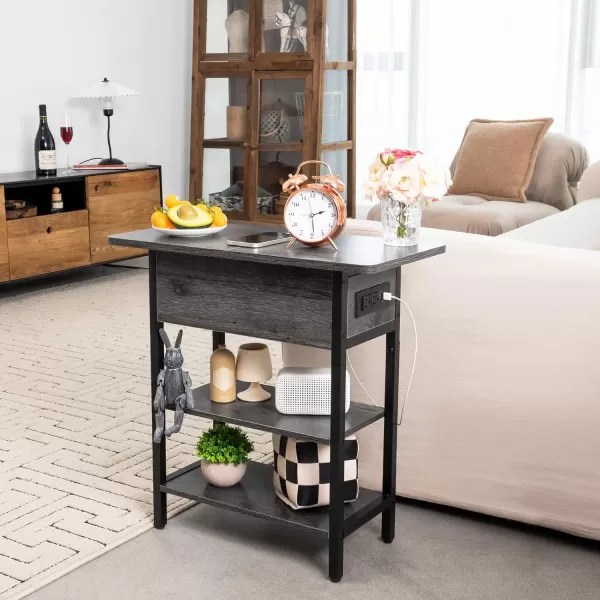 Yoobure End Table with Charging Station Flip Top Side Table with USB Ports and Outlets Sofa Couch Table Bedside Table for Living Room Bedroom Narrow Nightstand with Storage Shelves for Small SpaceCharcoal Gray