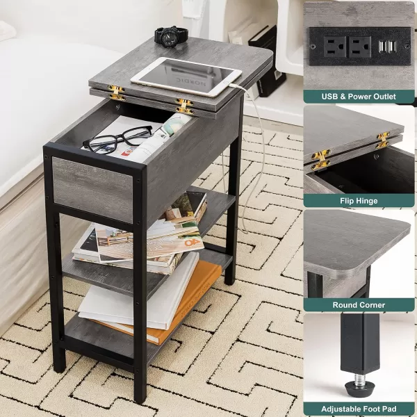 Yoobure End Table with Charging Station Flip Top Side Table with USB Ports and Outlets Sofa Couch Table Bedside Table for Living Room Bedroom Narrow Nightstand with Storage Shelves for Small SpaceGrey