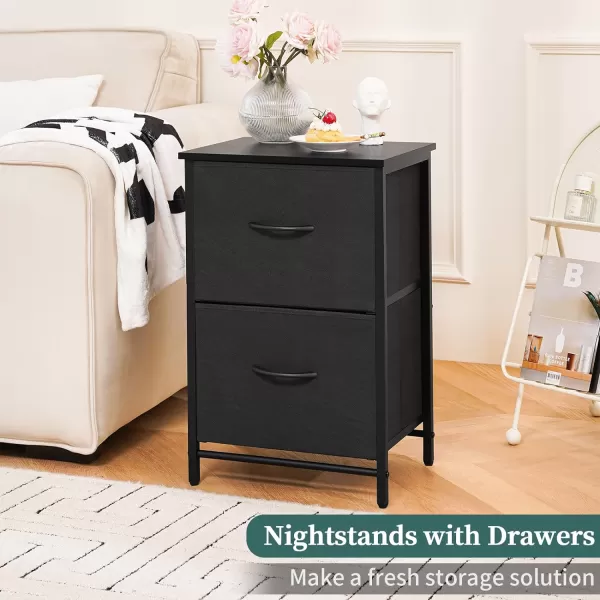 Yoobure Fabric Nightstand Set of 2  Small Wood Bedside Tables with Storage Drawers for Bedrooms and DormsBlack