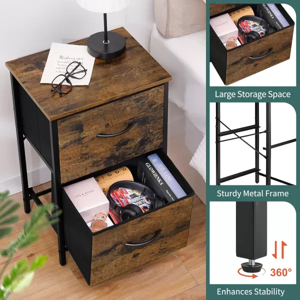 Yoobure Fabric Nightstand Set of 2  Small Wood Bedside Tables with Storage Drawers for Bedrooms and DormsRustic Brown