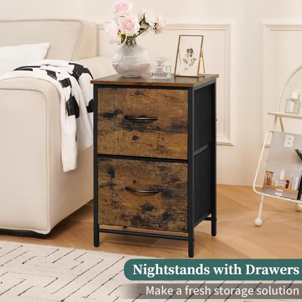 Yoobure Fabric Nightstand Set of 2  Small Wood Bedside Tables with Storage Drawers for Bedrooms and DormsRustic Brown