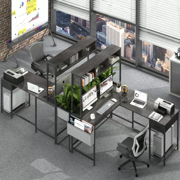 Yoobure L Shaped Desk Gaming Desk with LED Strip ampamp Power Outlet Reversible LShaped Computer Desk with Storage Shelf ampamp Drawer Corner Desk with Storage Bag 2 Person Home Office Desk BlackGrey
