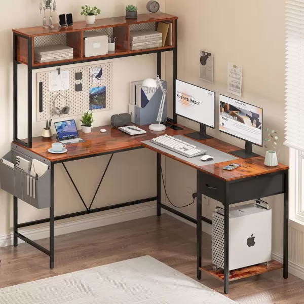 Yoobure L Shaped Desk Gaming Desk with LED Strip ampamp Power Outlet Reversible LShaped Computer Desk with Storage Shelf ampamp Drawer Corner Desk with Storage Bag 2 Person Home Office Desk BlackBerry Brown