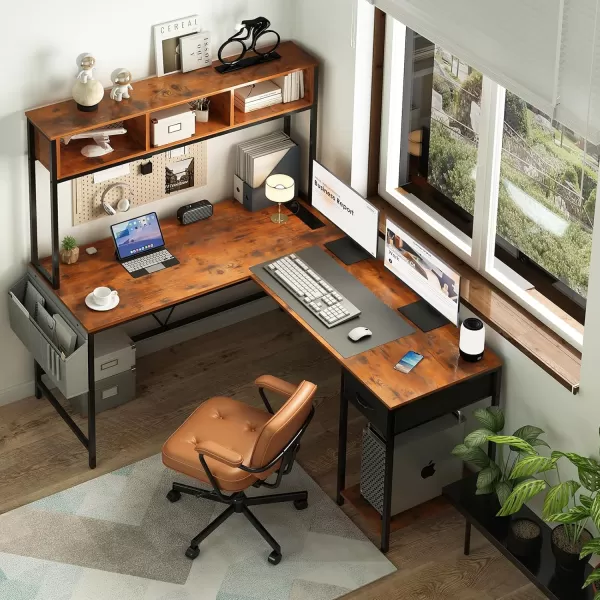 Yoobure L Shaped Desk Gaming Desk with LED Strip ampamp Power Outlet Reversible LShaped Computer Desk with Storage Shelf ampamp Drawer Corner Desk with Storage Bag 2 Person Home Office Desk BlackBerry Brown