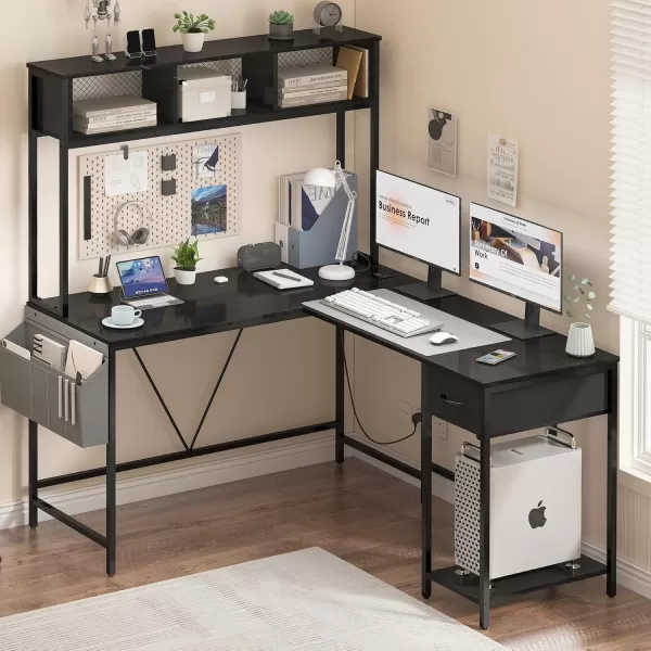 Yoobure L Shaped Desk Gaming Desk with LED Strip ampamp Power Outlet Reversible LShaped Computer Desk with Storage Shelf ampamp Drawer Corner Desk with Storage Bag 2 Person Home Office Desk BlackBlack