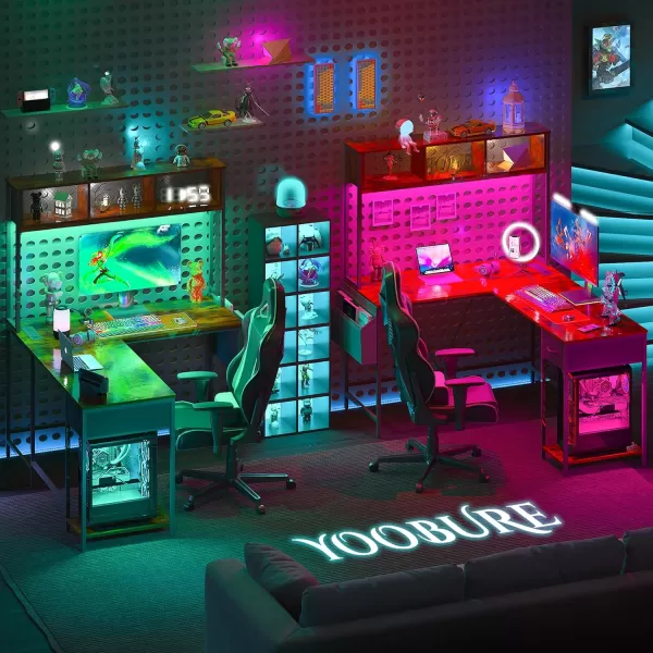 Yoobure L Shaped Desk Gaming Desk with LED Strip ampamp Power Outlet Reversible LShaped Computer Desk with Storage Shelf ampamp Drawer Corner Desk with Storage Bag 2 Person Home Office Desk BlackBerry Brown