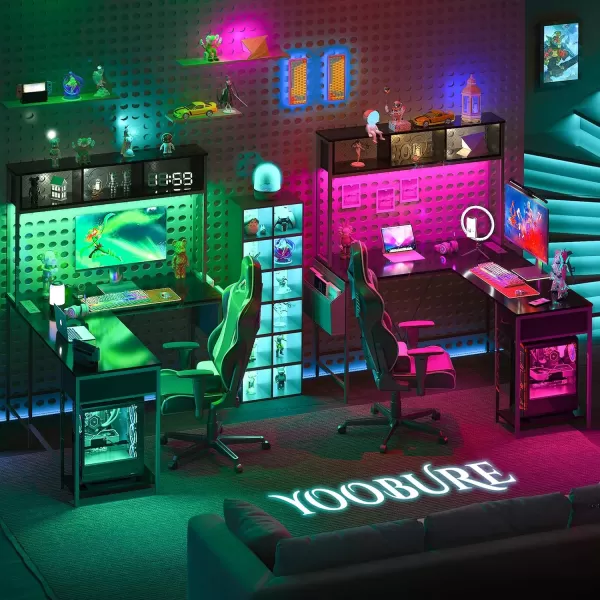 Yoobure L Shaped Desk Gaming Desk with LED Strip ampamp Power Outlet Reversible LShaped Computer Desk with Storage Shelf ampamp Drawer Corner Desk with Storage Bag 2 Person Home Office Desk BlackBlack