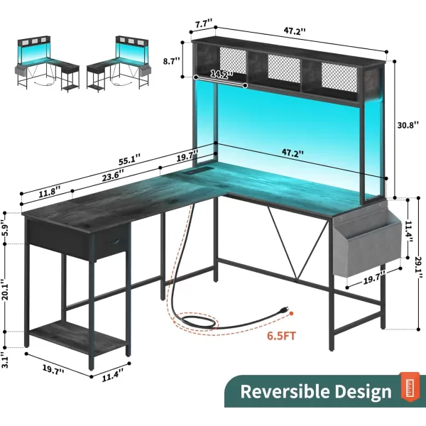 Yoobure L Shaped Desk Gaming Desk with LED Strip ampamp Power Outlet Reversible LShaped Computer Desk with Storage Shelf ampamp Drawer Corner Desk with Storage Bag 2 Person Home Office Desk BlackGrey