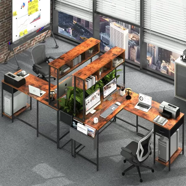 Yoobure L Shaped Desk Gaming Desk with LED Strip ampamp Power Outlet Reversible LShaped Computer Desk with Storage Shelf ampamp Drawer Corner Desk with Storage Bag 2 Person Home Office Desk BlackBerry Brown