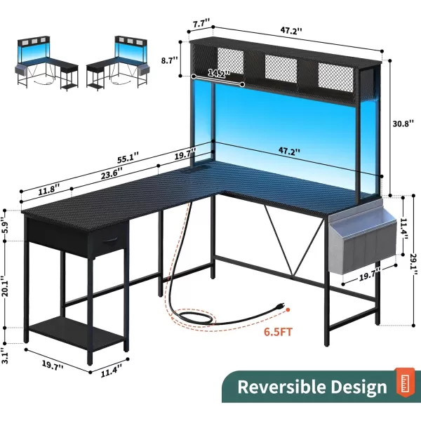 Yoobure L Shaped Desk Gaming Desk with LED Strip ampamp Power Outlet Reversible LShaped Computer Desk with Storage Shelf ampamp Drawer Corner Desk with Storage Bag 2 Person Home Office Desk BlackCarbon Fiber Black