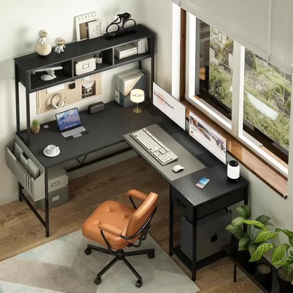 Yoobure L Shaped Desk Gaming Desk with LED Strip ampamp Power Outlet Reversible LShaped Computer Desk with Storage Shelf ampamp Drawer Corner Desk with Storage Bag 2 Person Home Office Desk BlackCarbon Fiber Black