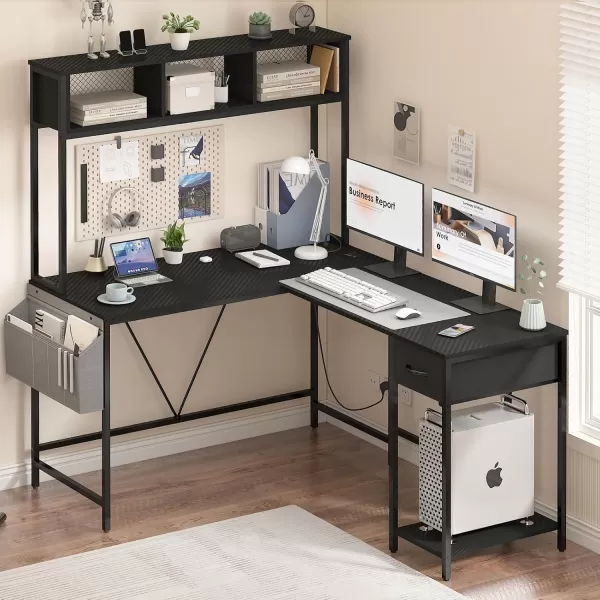 Yoobure L Shaped Desk Gaming Desk with LED Strip ampamp Power Outlet Reversible LShaped Computer Desk with Storage Shelf ampamp Drawer Corner Desk with Storage Bag 2 Person Home Office Desk BlackCarbon Fiber Black