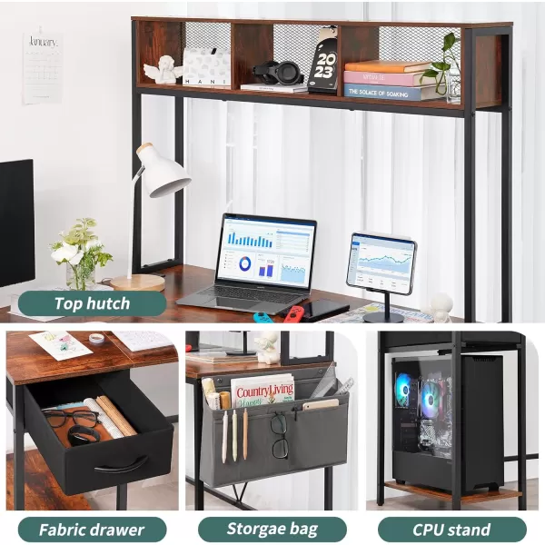 Yoobure L Shaped Desk Gaming Desk with LED Strip ampamp Power Outlet Reversible LShaped Computer Desk with Storage Shelf ampamp Drawer Corner Desk with Storage Bag 2 Person Home Office Desk BlackBerry Brown