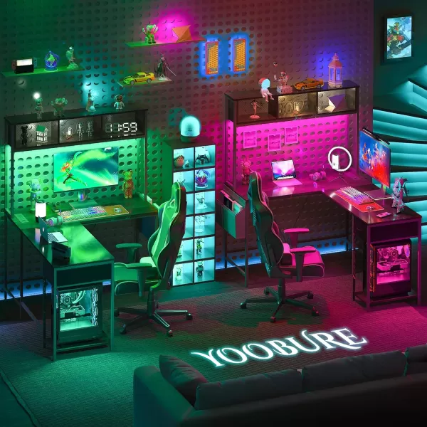 Yoobure L Shaped Desk Gaming Desk with LED Strip ampamp Power Outlet Reversible LShaped Computer Desk with Storage Shelf ampamp Drawer Corner Desk with Storage Bag 2 Person Home Office Desk BlackGrey