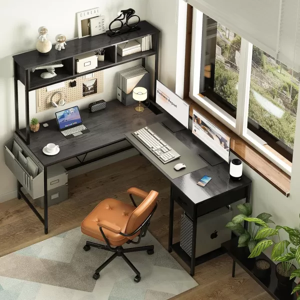 Yoobure L Shaped Desk Gaming Desk with LED Strip ampamp Power Outlet Reversible LShaped Computer Desk with Storage Shelf ampamp Drawer Corner Desk with Storage Bag 2 Person Home Office Desk BlackGrey