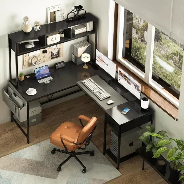 Yoobure L Shaped Desk Gaming Desk with LED Strip ampamp Power Outlet Reversible LShaped Computer Desk with Storage Shelf ampamp Drawer Corner Desk with Storage Bag 2 Person Home Office Desk BlackBlack