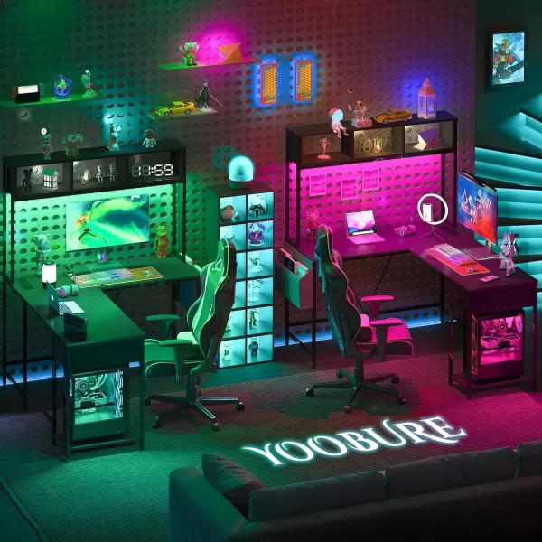 Yoobure L Shaped Desk Gaming Desk with LED Strip ampamp Power Outlet Reversible LShaped Computer Desk with Storage Shelf ampamp Drawer Corner Desk with Storage Bag 2 Person Home Office Desk BlackCarbon Fiber Black