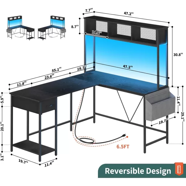 Yoobure L Shaped Desk Gaming Desk with LED Strip ampamp Power Outlet Reversible LShaped Computer Desk with Storage Shelf ampamp Drawer Corner Desk with Storage Bag 2 Person Home Office Desk BlackBlack