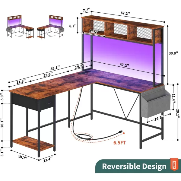 Yoobure L Shaped Desk Gaming Desk with LED Strip ampamp Power Outlet Reversible LShaped Computer Desk with Storage Shelf ampamp Drawer Corner Desk with Storage Bag 2 Person Home Office Desk BlackBerry Brown