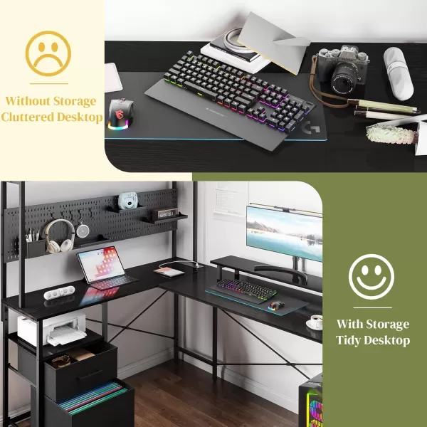Yoobure L Shaped Desk with Pegboard Reversible Gaming Desk with LED Lights ampamp Power Outlets Computer Desk with Drawers ampamp Storage Shelves Office Desk with Monitor Stand Corner Desk Home Office DesksBlack