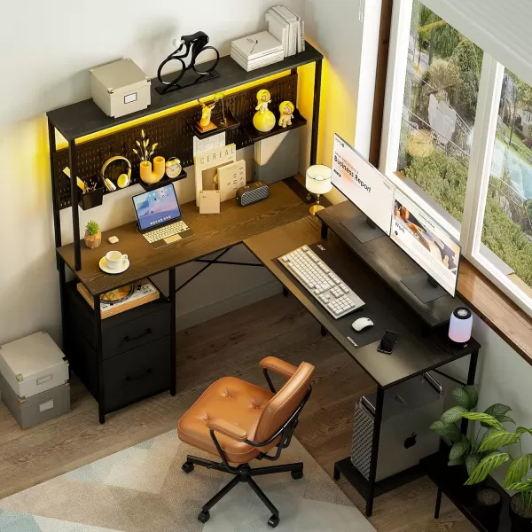 Yoobure L Shaped Desk with Pegboard Reversible Gaming Desk with LED Lights ampamp Power Outlets Computer Desk with Drawers ampamp Storage Shelves Office Desk with Monitor Stand Corner Desk Home Office DesksBlack