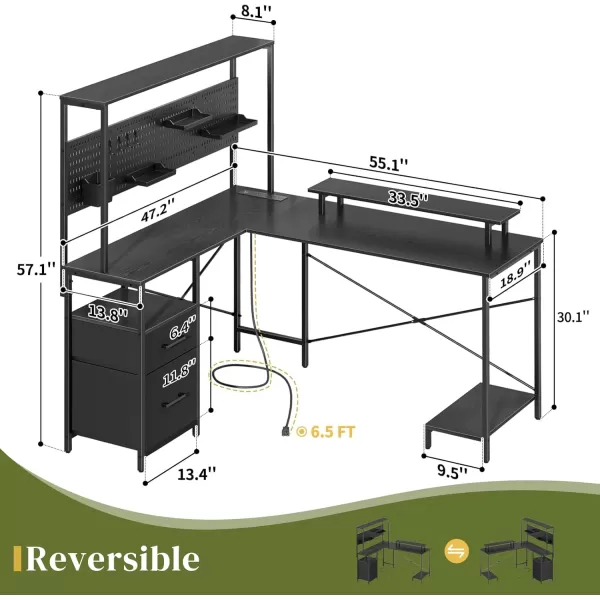 Yoobure L Shaped Desk with Pegboard Reversible Gaming Desk with LED Lights ampamp Power Outlets Computer Desk with Drawers ampamp Storage Shelves Office Desk with Monitor Stand Corner Desk Home Office DesksBlack