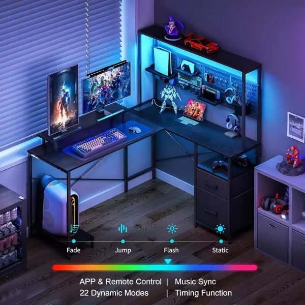Yoobure L Shaped Desk with Pegboard Reversible Gaming Desk with LED Lights ampamp Power Outlets Computer Desk with Drawers ampamp Storage Shelves Office Desk with Monitor Stand Corner Desk Home Office DesksBlack