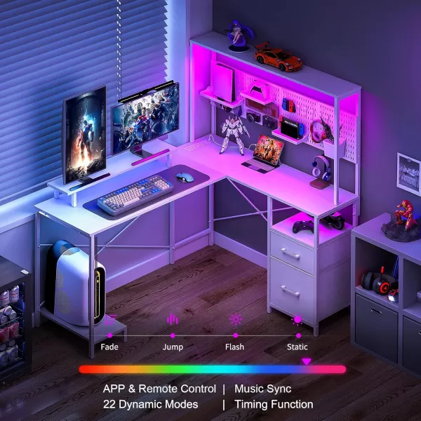 Yoobure L Shaped Desk with Pegboard Reversible Gaming Desk with LED Lights ampamp Power Outlets Computer Desk with Drawers ampamp Storage Shelves Office Desk with Monitor Stand Corner Desk Home Office DesksWhite
