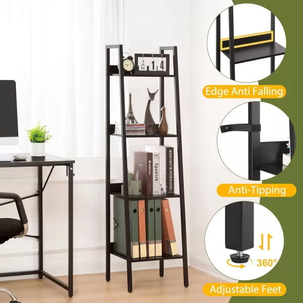 Yoobure Ladder Shelf 4 Tier Tall Ladder Bookshelf Corner Shelf Industrial Book Shelf Ladder Bookcase Narrow Standing Storage Shelves Display Shelf for Bedroom Living Room Office Kitchen BathroomBlack